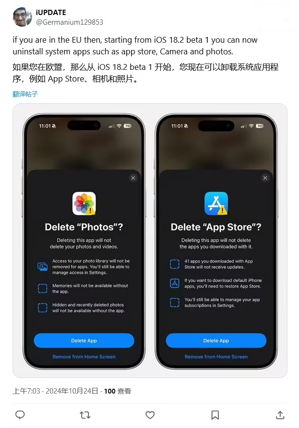洛宁苹果手机维修分享iOS 18.2 支持删除 App Store 应用商店 