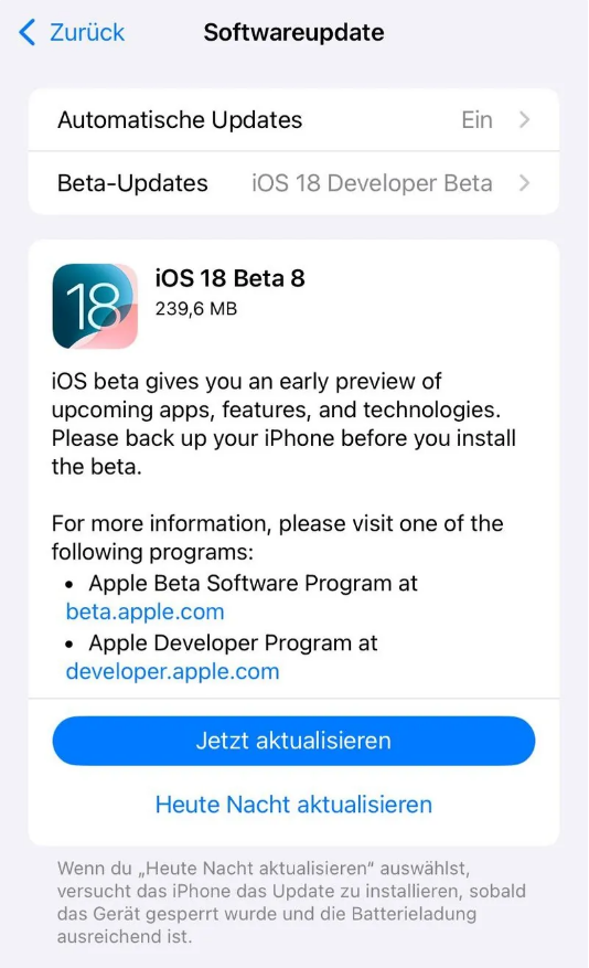 洛宁苹果手机维修分享苹果 iOS / iPadOS 18 开发者预览版 Beta 8 发布 
